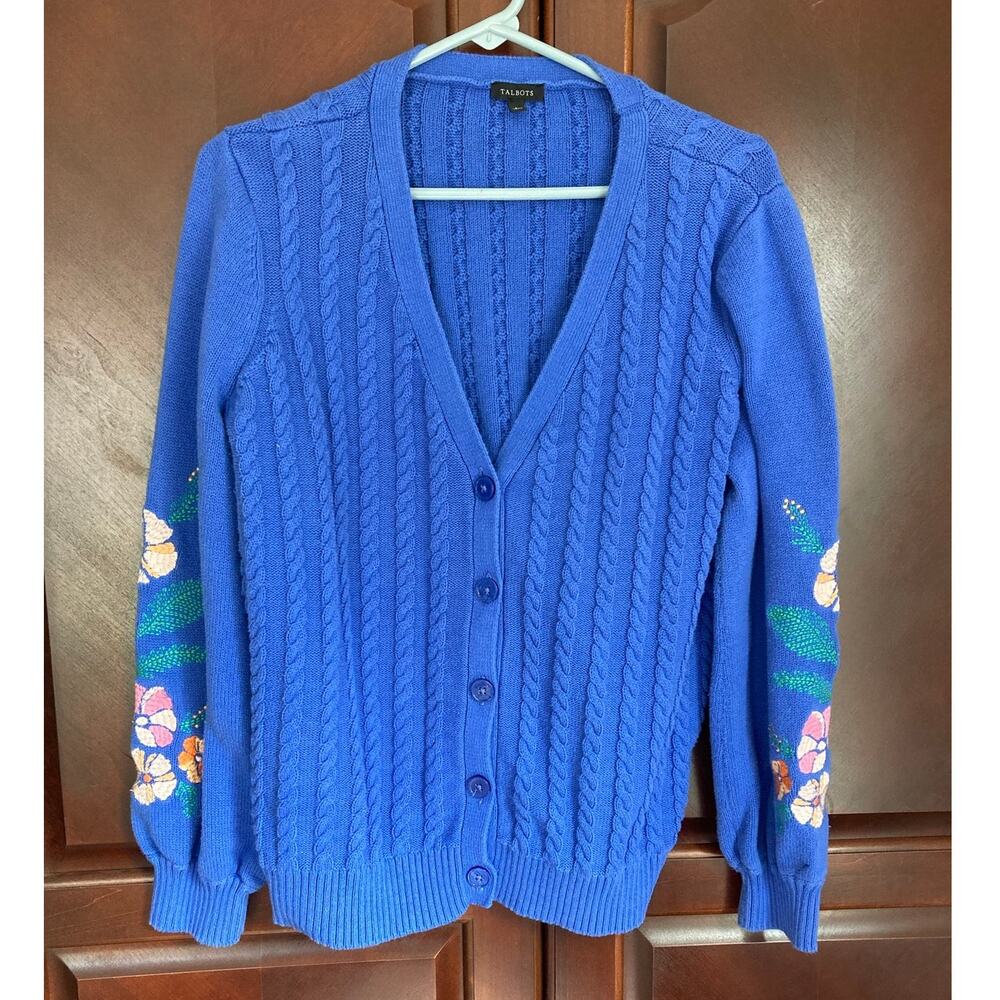 Talbots -Twee Fairy Cottagecore Cornflower Floral Embroidery Sleeves Cardigan-L